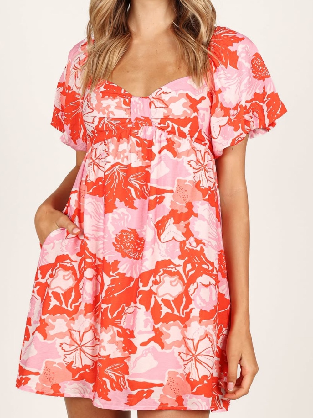Petal & Pup Pink and Red Floral Puff-Sleeve Dress